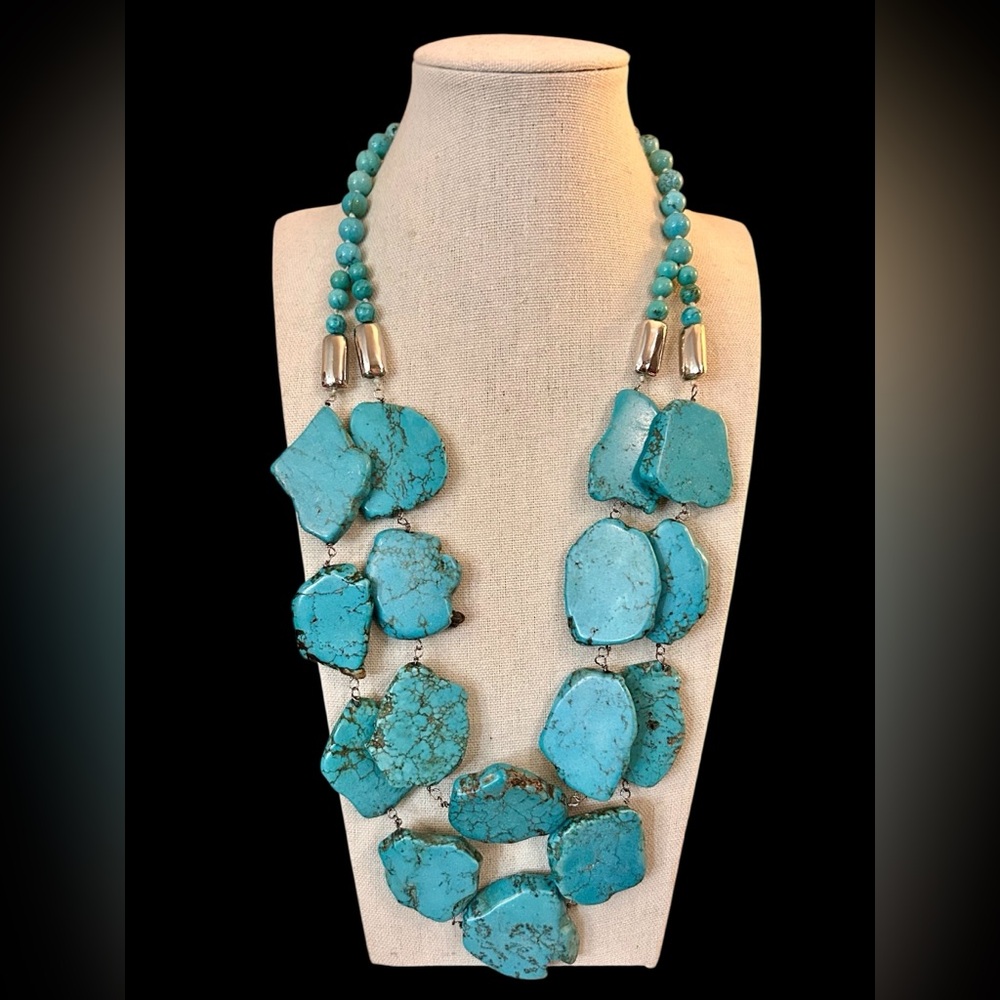 Chunky Turquoise Slab Artisan Statement Necklace Bohemian - Picture 4 of 11